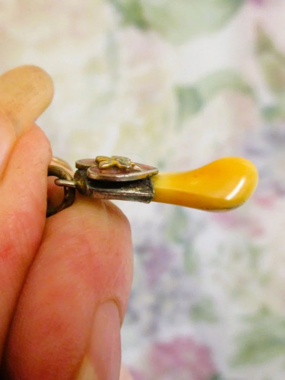 Vintage LOOM Tooth Watch Fob Chain, Guilloche Enamel Heart, Gold Filled